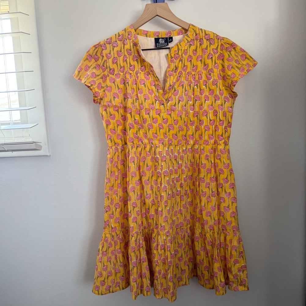 Madison Mathews Medium Folly Mini Dress Yellow Floral Spring Preppy Boho Cotton